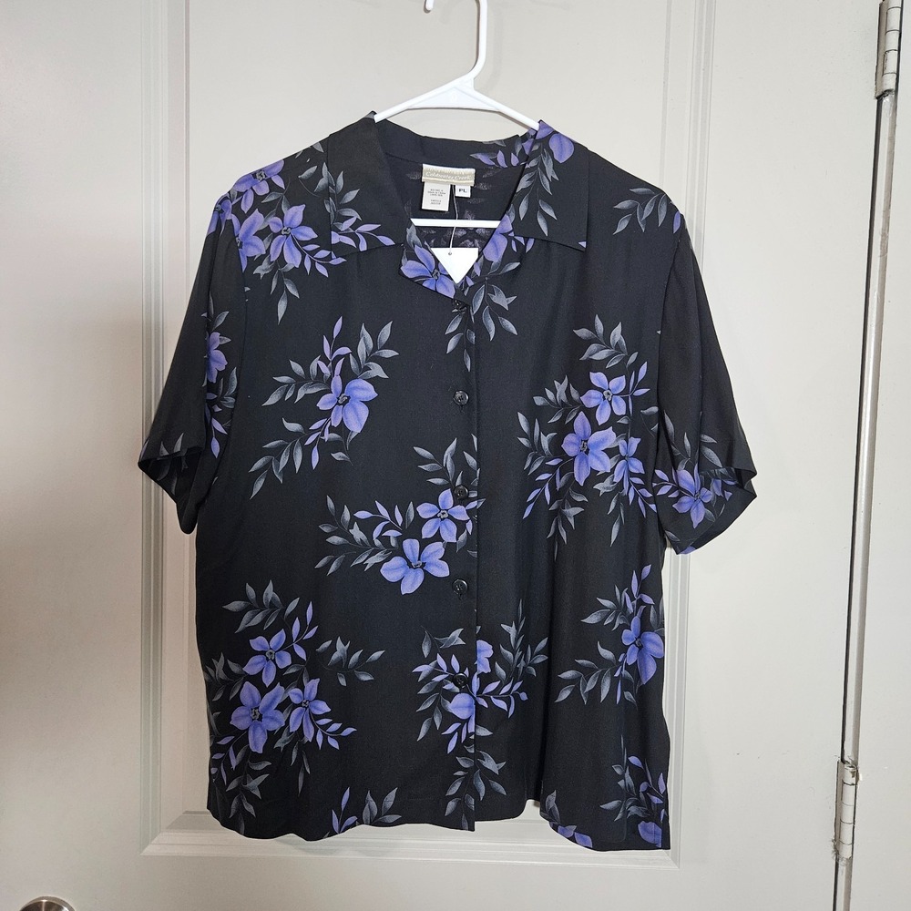 NEW Coldwater Creek 100% Silk Shirt Top Women‎ Petite Large Button Floral Black